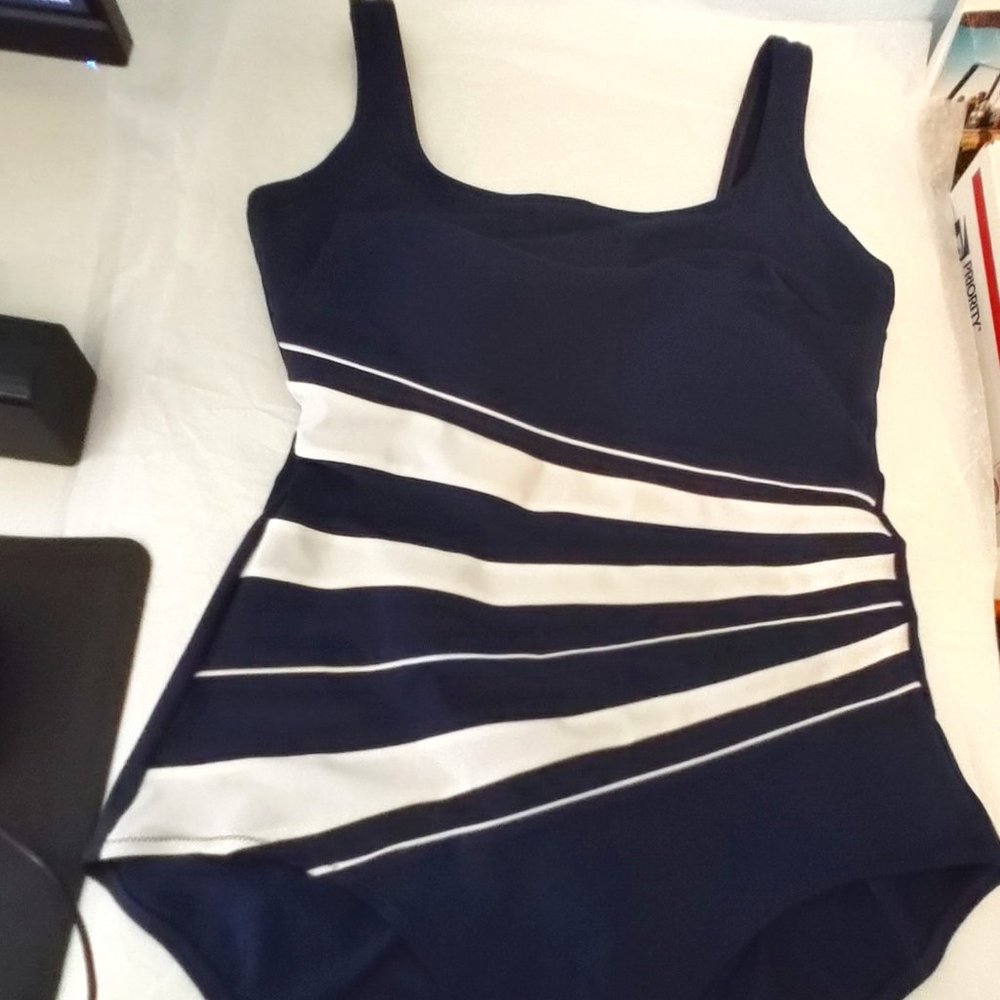 Women's Nicola Jane Mastectomy Navy Blue/White Stripe One-Piece Swimsuit Size 16